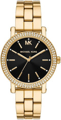 Michael Kors Corey Three Hand Black Dial Gold Steel Strap Watch for Women - MK7345