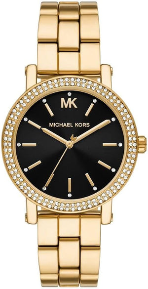  Shop Authentic Michael Kors Corey Three Hand Black Dial Gold Steel Strap Watch for Women - MK7345 - Luxxuri