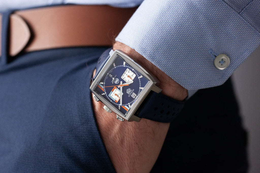  Shop Authentic Tag Heuer Monaco Gulf Automatic Chronograph Blue Dial Blue Leather Strap Watch for Men - CBL2115.FC6494 - Luxxuri