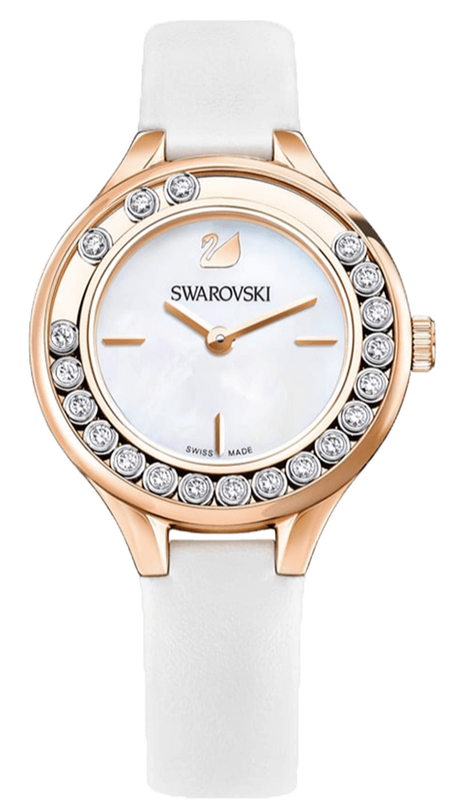  Shop Authentic Swarovski Lovely Crystals Mother of Pearl Dial White Leather Strap Watch for Women - 5242904 - Luxxuri