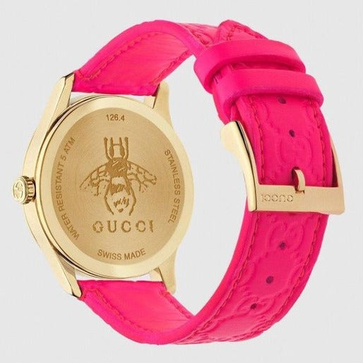  Shop Authentic Gucci G Timeless Quartz Pink Dial Pink Leather Strap Watch For Women - YA1264115 - Luxxuri