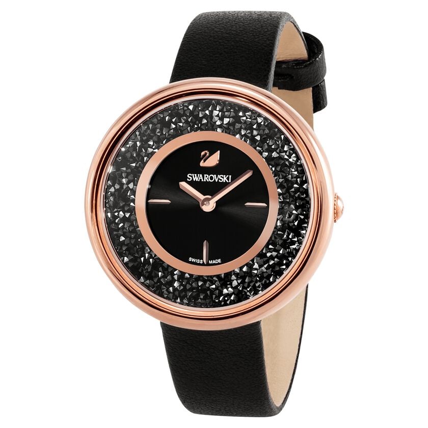  Shop Authentic Swarovski Crystalline Pure Black Dial Black Leather Strap Watch for Women - 5275043 - Luxxuri