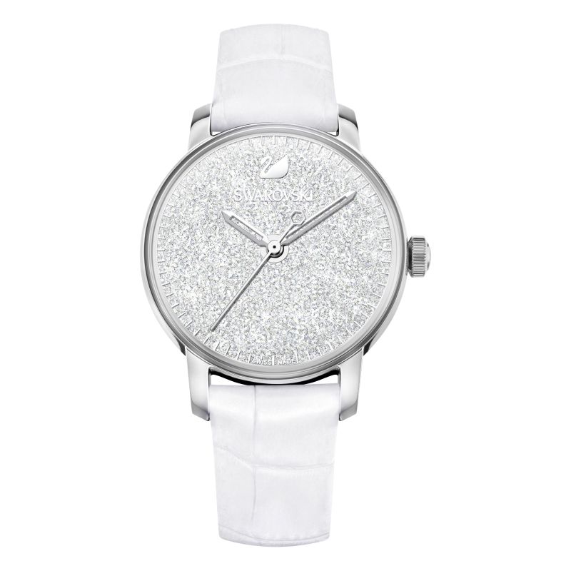  Shop Authentic Swarovski Crystalline Hours Silver Dial White Leather Strap Watch for Women - 5295383 - Luxxuri