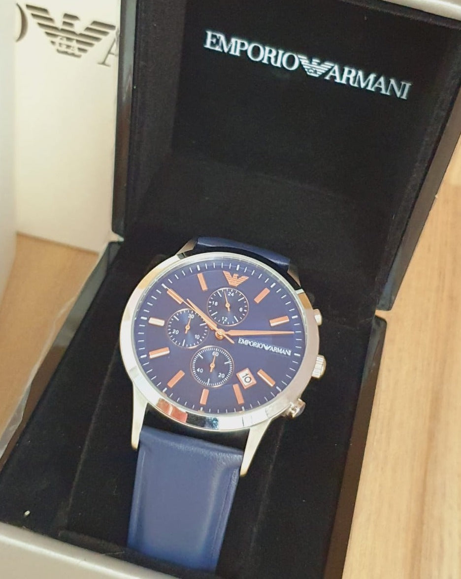  Shop Authentic Emporio Armani Renato Chronograph Blue Dial Black Leather Strap Watch For Men - AR11216 - Luxxuri