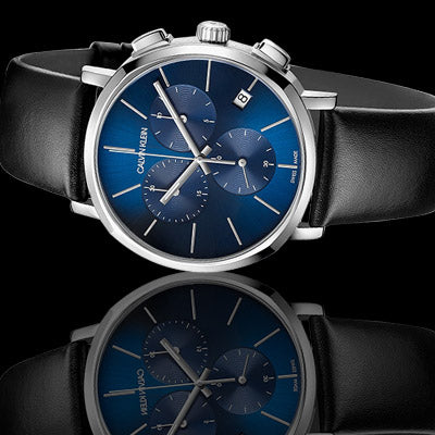  Shop Authentic Calvin Klein Chronograph Blue Dial Black Leather Strap Watch for Men - K8Q371CN - Luxxuri