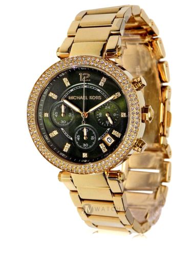 Michael Kors Parker Chronograph Green Dial Gold Steel Strap Watch for Women - MK6263