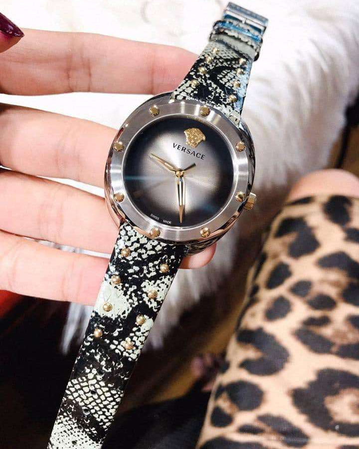 Versace Shadov Quartz Silver Dial Snakeskin Green Leather Strap Watch for Women - VEBM00718