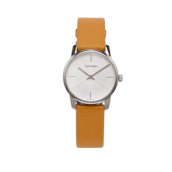  Shop Authentic Calvin Klein City Silver Dial Orange Leather Strap Watch for Women - K2G231G6 - Luxxuri