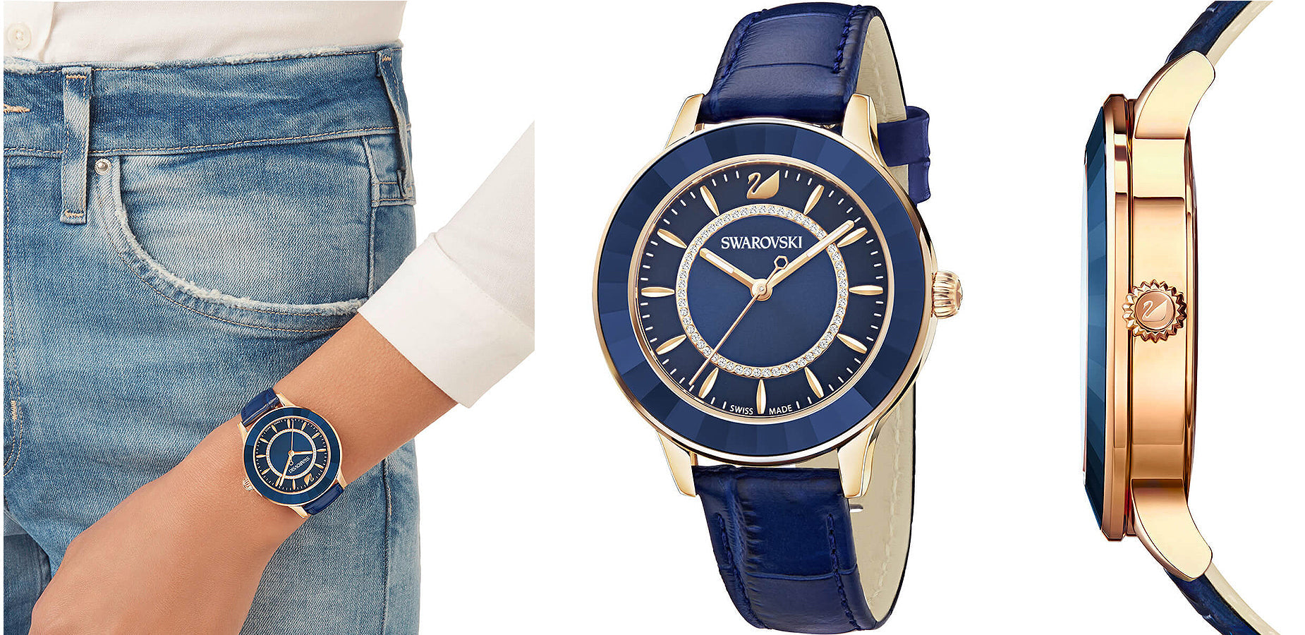 Shop Authentic Swarovski Octea Lux Blue Dial Blue Leather Strap Watch for Women - 5414413 - Luxxuri