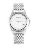  Shop Authentic Gucci G Timeless Diamonds Mother of Pearl Dial Silver Steel Strap Watch For Women - YA126510 - Luxxuri