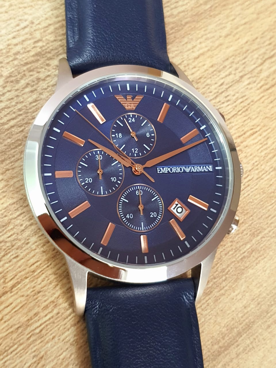  Shop Authentic Emporio Armani Renato Chronograph Blue Dial Black Leather Strap Watch For Men - AR11216 - Luxxuri