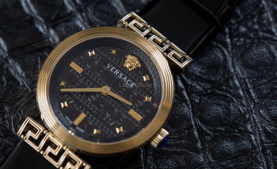 Shop Authentic Versace Greca Meander Black Dial Black Leather Strap Watch for Women - VELW00420 - Luxxuri