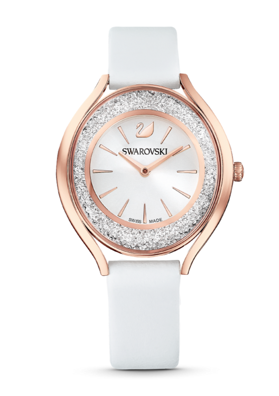  Shop Authentic Swarovski Crystalline Aura Silver Dial White Leather Strap Watch for Women - 5519453 - Luxxuri