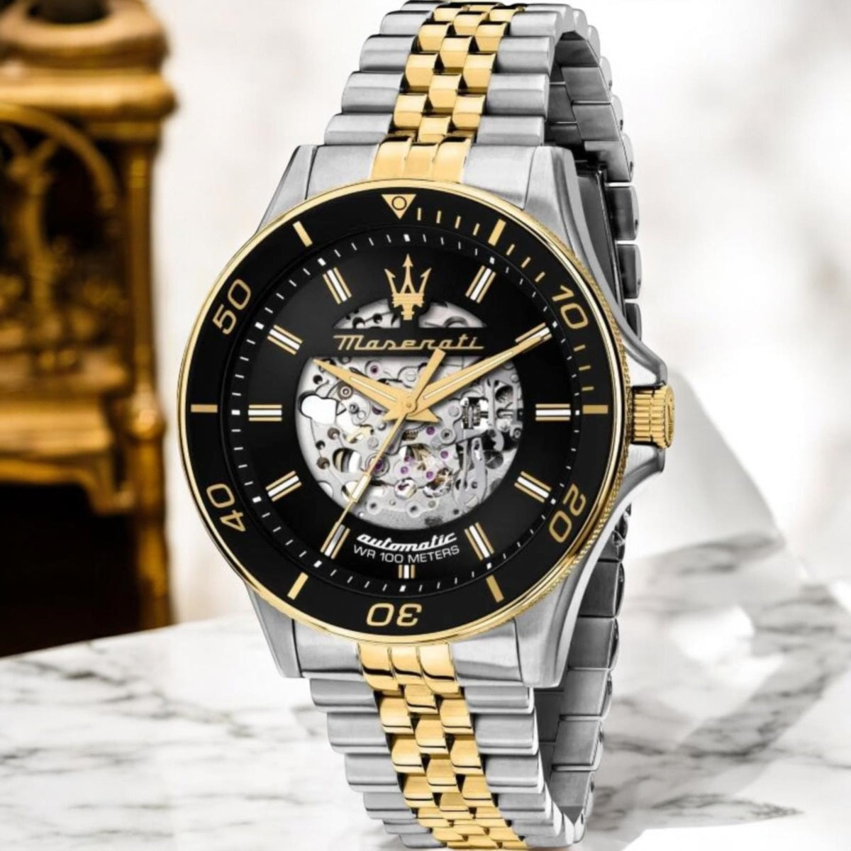 Maserati SFIDA Automatic Skeleton Black Dial Two Tone Steel Strap Watch For Men - R8823140010