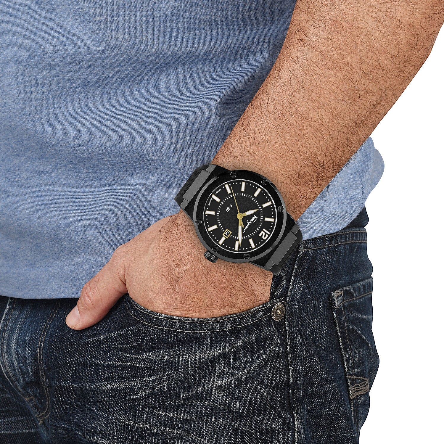 Salvatore Ferragamo F-80 Classic Black Dial Black Rubber Strap Watch for Men - SFHY01622