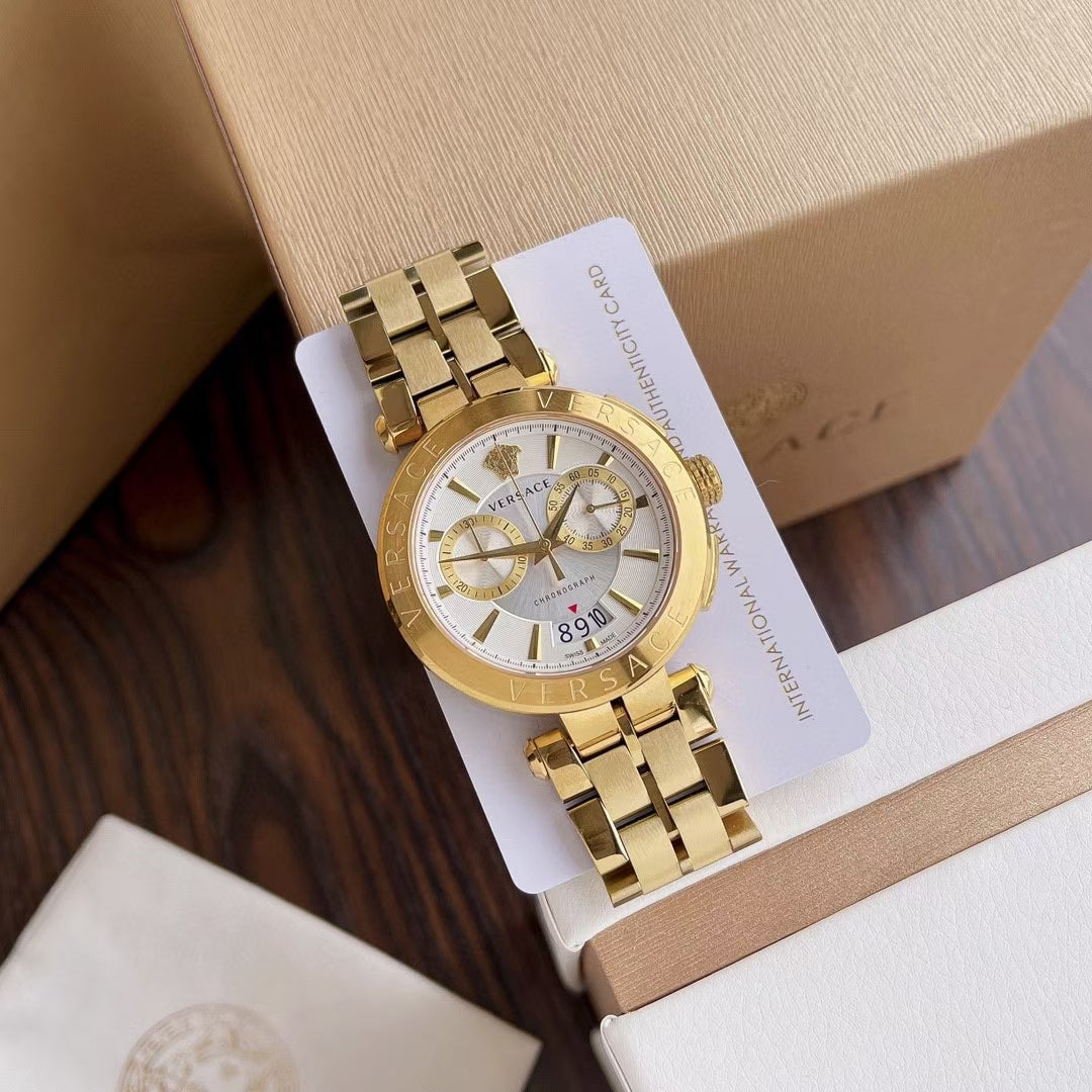  Shop Authentic Versace V Racer Chronograph White Dial Gold Steel Strap Watch for Men - VBR060017 - Luxxuri