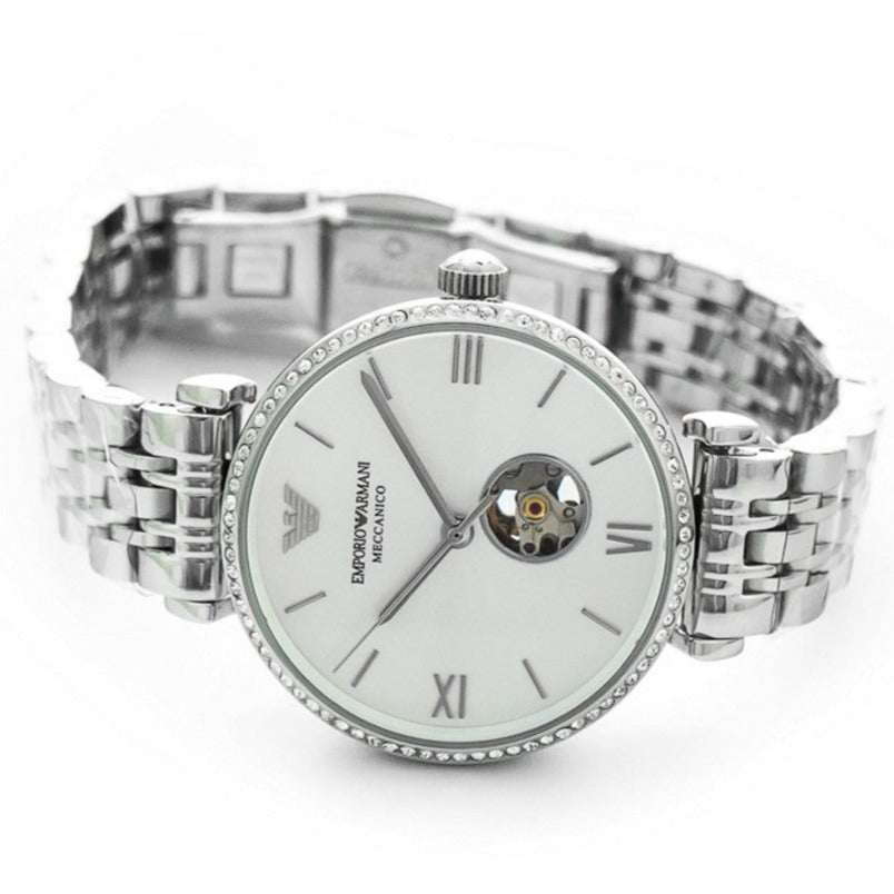  Shop Authentic Emporio Armani Gianni T-Bar Automatic Silver Dial Silver Steel Strap Watch For Women - AR60022 - Luxxuri