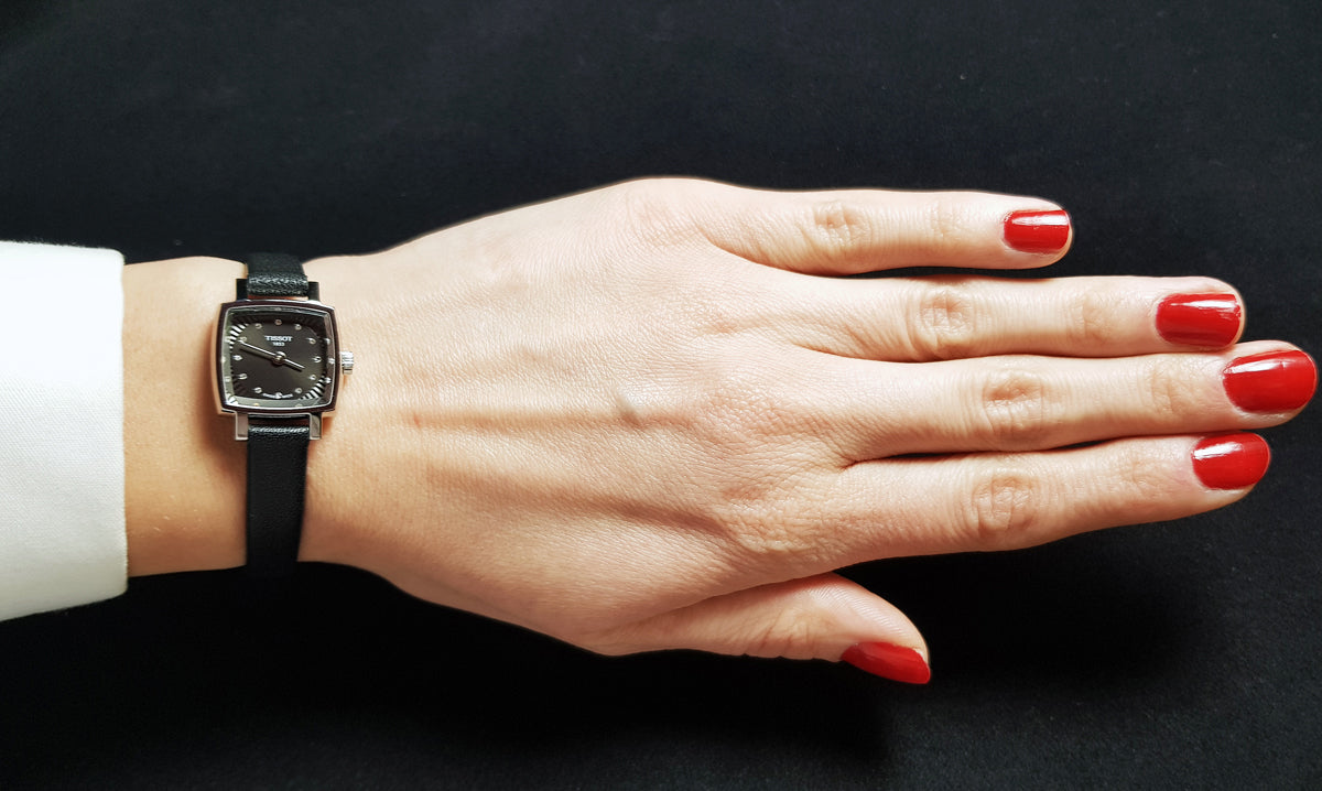 Tissot Lovely Square Quartz Diamonds Black Dial Black Leather Strap Watch For Women - T058.109.16.056.00