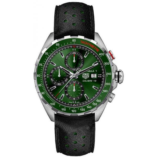  Shop Authentic Tag Heuer Formula 1 Calibre 16 Automatic Chronograph Green Dial Black Leather Strap Watch for Men - CAZ2016.FC6473 - Luxxuri