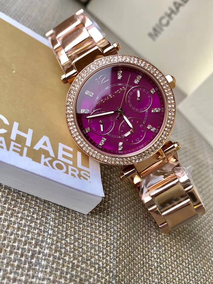  Shop Authentic Michael Kors Mini Parker Multi-Function Plum Mother of Pearl Dial Rose Gold Steel Strap Watch For Women - MK6403 - Luxxuri