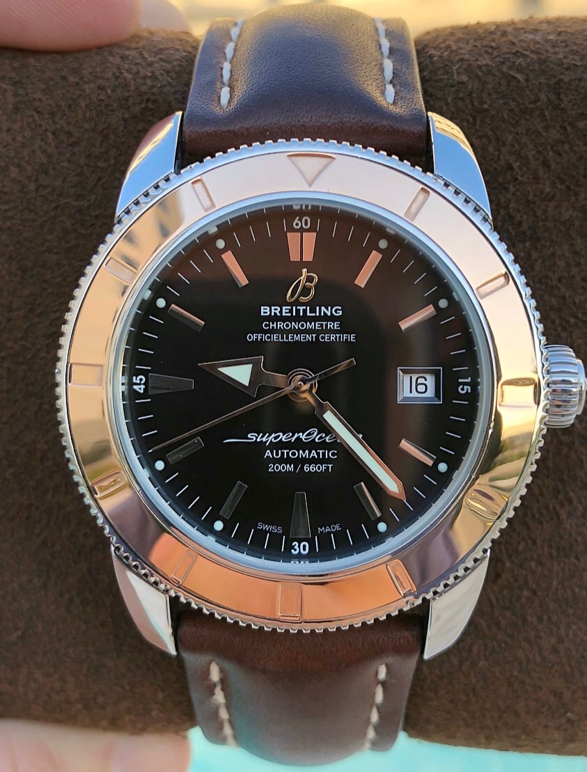  Shop Authentic Breitling Superocean Heritage 42mm Rose Gold Chronometer Black Dial Brown Leather Strap Mens Watch - U1732112 - Luxxuri