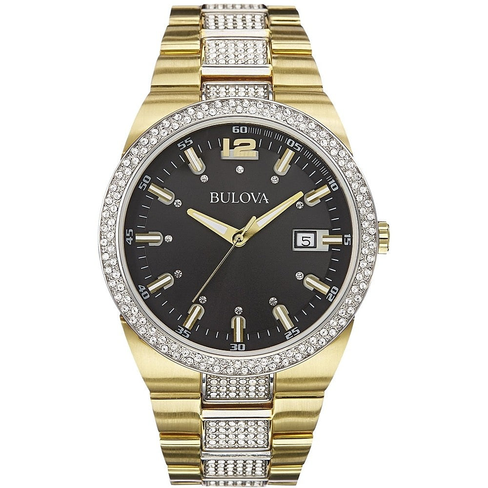  Shop Authentic Bulova Crystal Black Dial Two Tone Steel Strap Watch for Men - 98B235 - Luxxuri