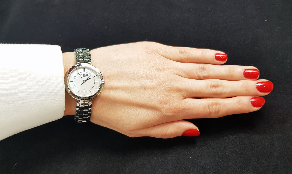 Tissot T Lady Flamingo Mother of Pearl White Dial Silver Steel Strap Watch For Women - T094.210.11.111.00