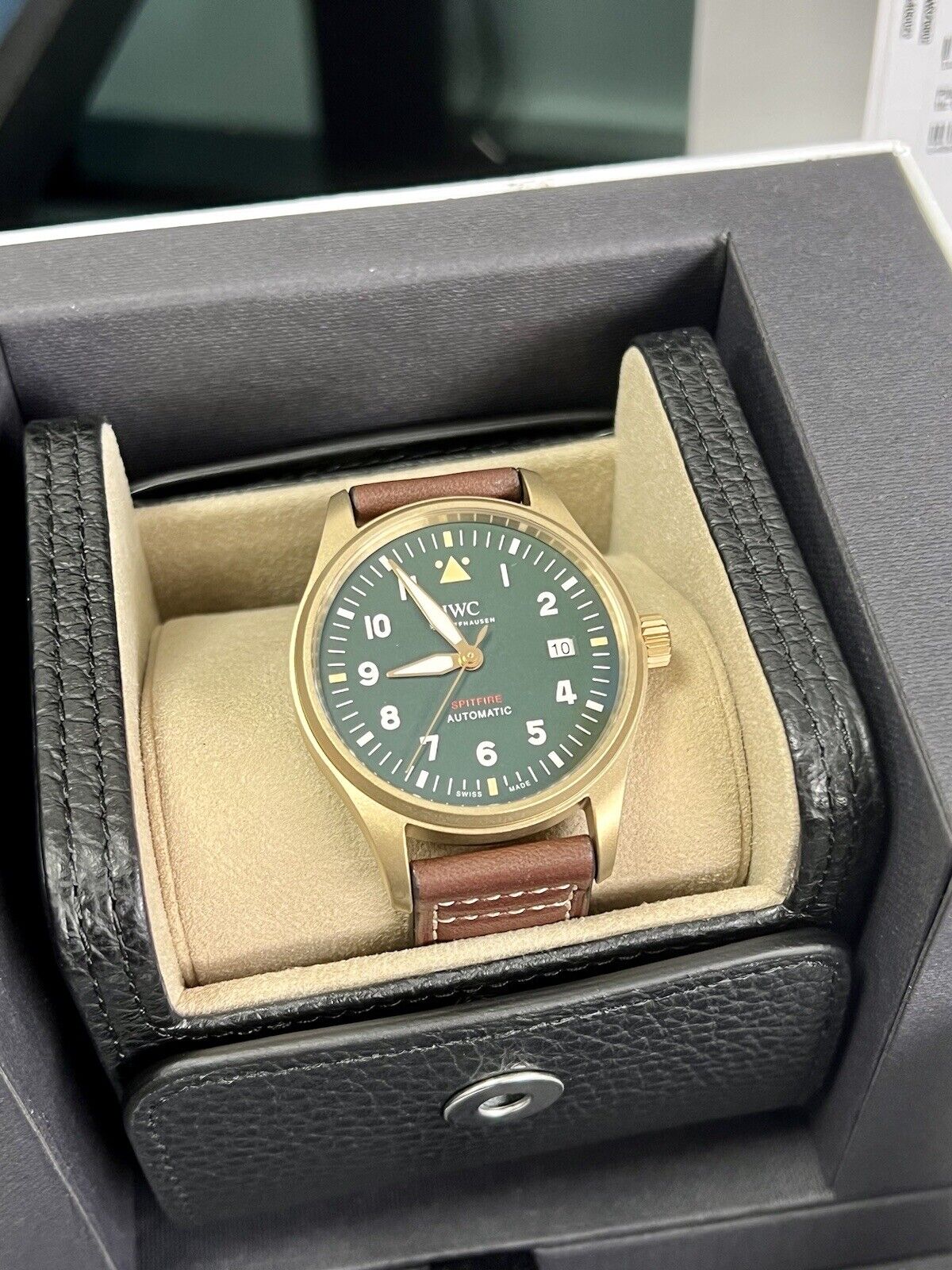  Shop Authentic IWC Pilot's Watch Automatic Spitfire Green Dial Brown Leather Strap Watch for Men - IW326802 - Luxxuri