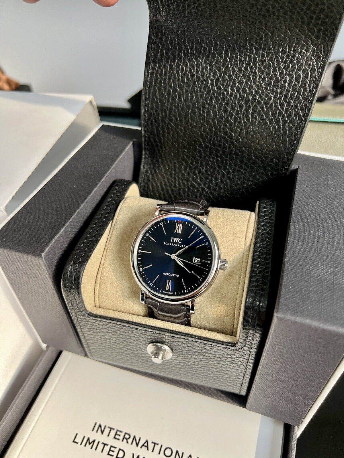  Shop Authentic IWC Portofino Automatic Black Dial Black Leather Strap Watch for Men - IW356502 - Luxxuri