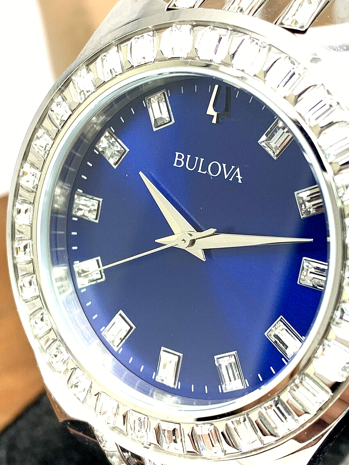  Shop Authentic Bulova Phantom Baguette Crystal Blue Dial Silver Steel Strap Watch for Men - 96A254 - Luxxuri