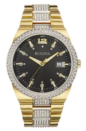  Shop Authentic Bulova Crystal Black Dial Two Tone Steel Strap Watch for Men - 98B235 - Luxxuri