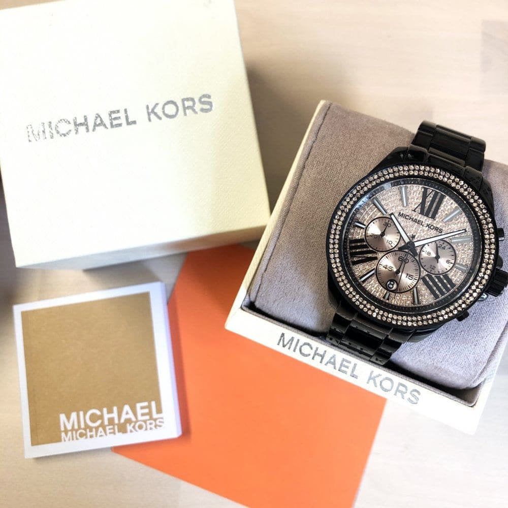 Michael Kors Wren Chronograph Gold Diamonds Dial Black Steel Strap Watch for Women - MK5879