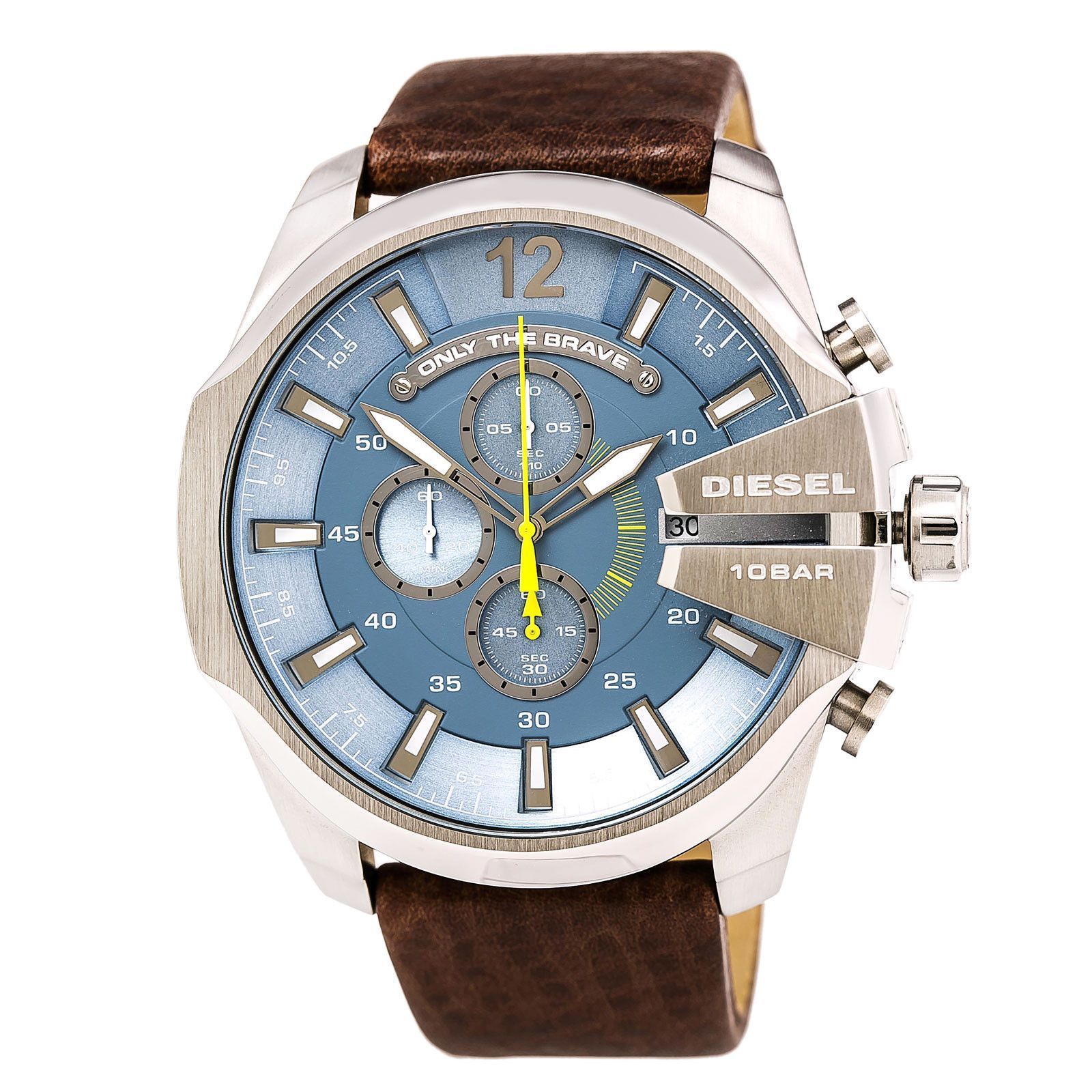 Diesel Mega Chief Light Blue Dial Brown Leather Strap Watch For Men - DZ4281