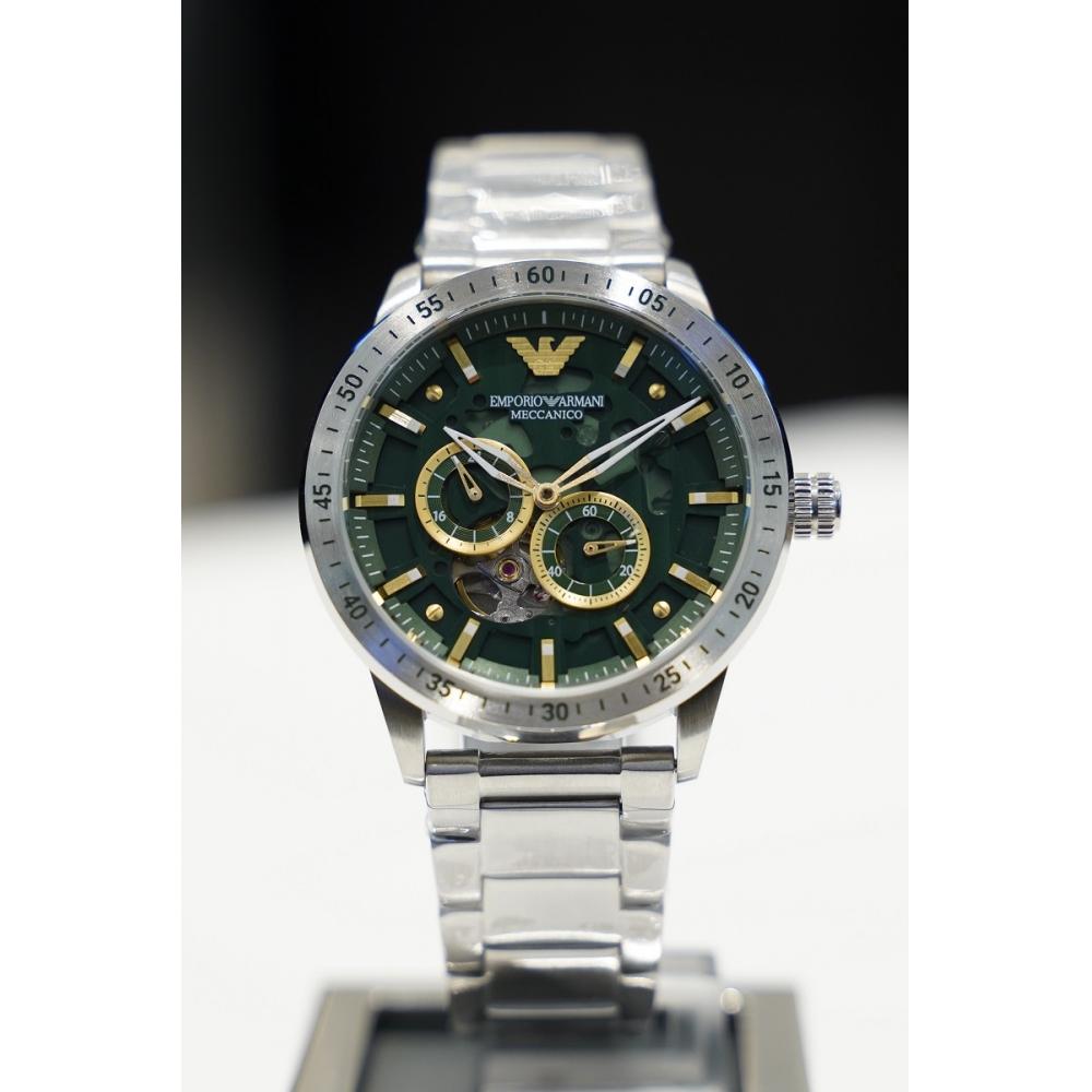  Shop Authentic Emporio Armani Meccanico Chronograph Automatic Green Dial Silver Steel Strap Watch For Men - AR60053 - Luxxuri