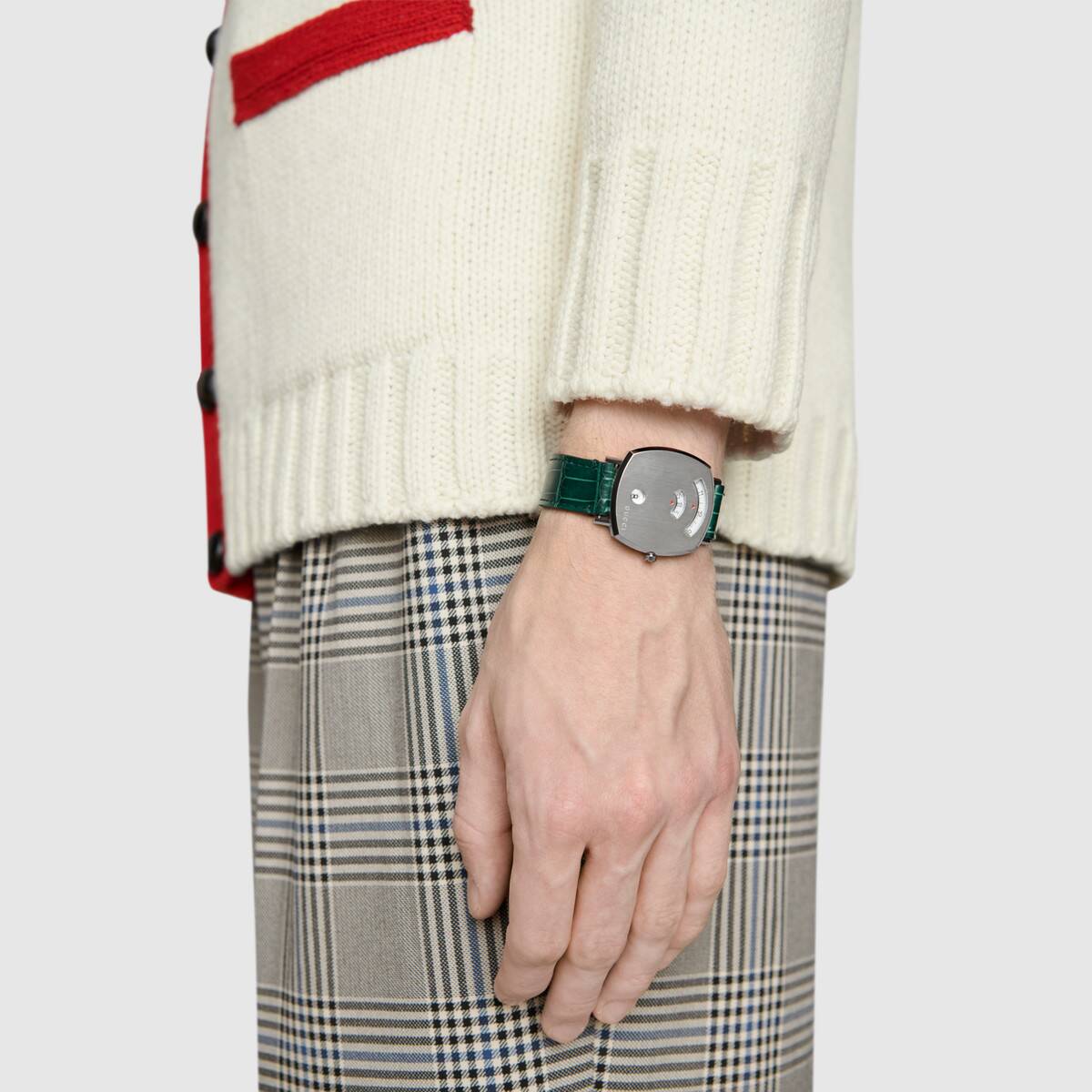  Shop Authentic Gucci Grip Silver Dial Green Leather Strap Unisex Watch - YA157412 - Luxxuri