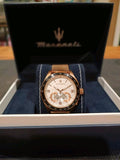  Shop Authentic Maserati Traguardo 45mm Chronograph Rose Gold Mesh Strap White Dial Watch For Men - R8873612011 - Luxxuri