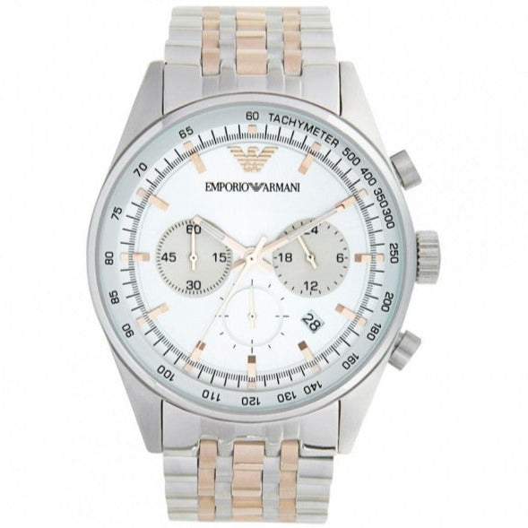  Shop Authentic Emporio Armani Sportivo Chronograph Silver Dial Two Tone Steel Strap Watch For Men - AR5999 - Luxxuri