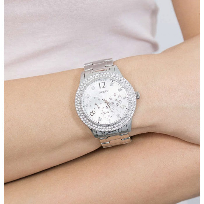  Shop Authentic Guess Bedazzle Diamonds Silver Dial Silver Steel Strap Watch For Women - W1097L1 - Luxxuri