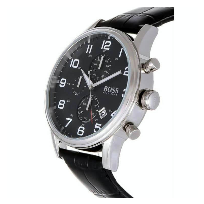 Shop Authentic Hugo Boss Aeroliner Chronograph Black Dial Black Leather Strap Watch For Men - 1512448 - Luxxuri