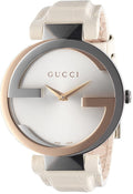  Shop Authentic Gucci Interlocking 18K Gold Silver Dial White Leather Strap Watch For Women - YA133303 - Luxxuri