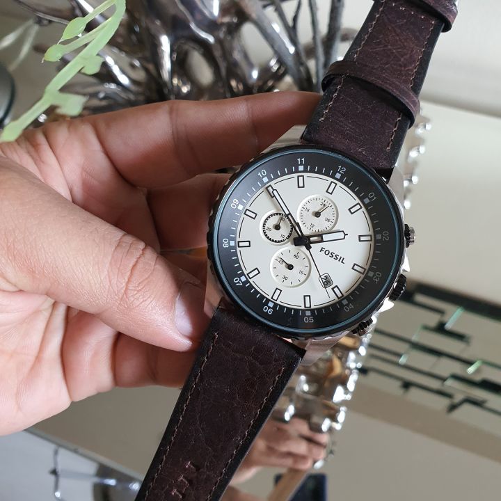 Fossil Dillinger Chronograph White Dial Brown Leather Strap Watch for Men - FS5674