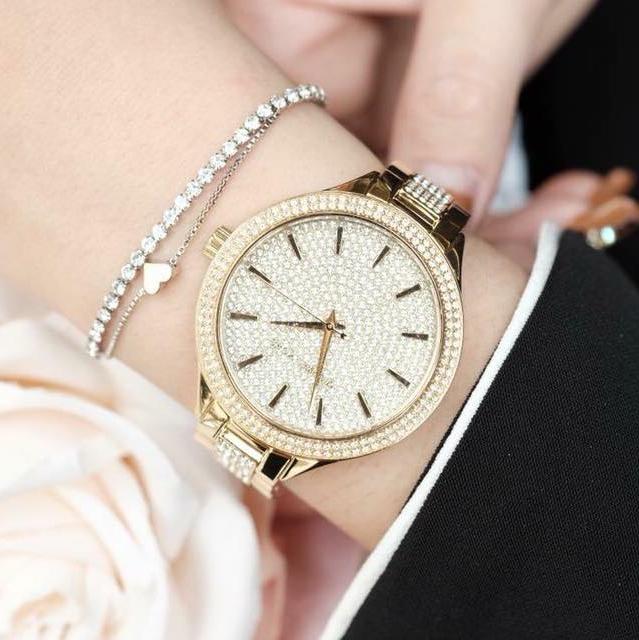  Shop Authentic Michael Kors Slim Runway Crystals Gold Dial Gold Steel Strap Watch for Women - MK3632 - Luxxuri