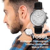  Shop Authentic Fossil Buchanan Chronograph Silver Dial Black Leather Strap Watch for Men - FS5102 - Luxxuri
