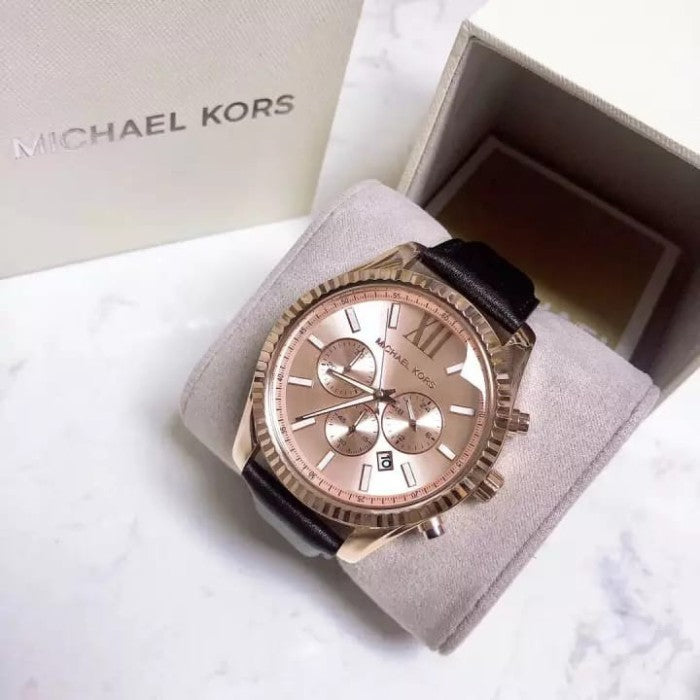  Shop Authentic Michael Kors Lexington Chronograph Rose Gold Dial Black Leather Strap Watch For Men - MK8516 - Luxxuri