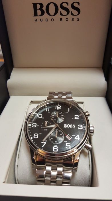  Shop Authentic Hugo Boss Aeroliner Chronograph Quartz Black Dial Silver Steel Strap Watch For Men - HB1512446 - Luxxuri