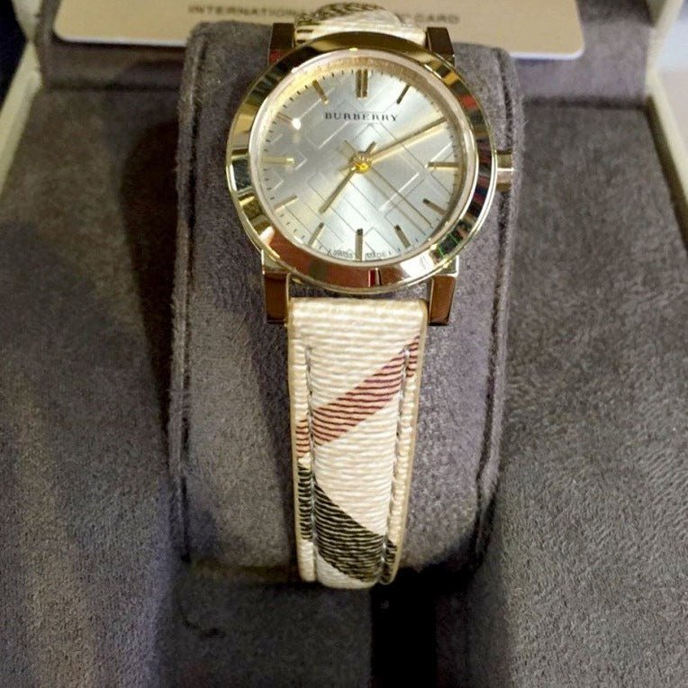  Shop Authentic Burberry The City Gold Dial Haymarket Brown Leather Strap Watch for Women - BU9219 - Luxxuri