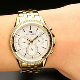  Shop Authentic Tommy Hilfiger Ari Multifunction Diamonds Silver Dial Gold Steel Strap Watch for Women - 1781977 - Luxxuri