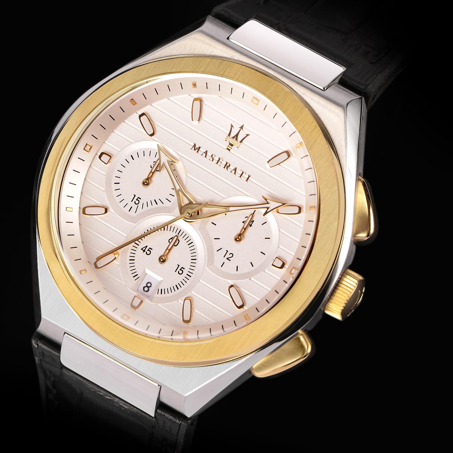 Maserati Triconic Chronograph White Dial Black Leather Strap Watch For Men - R8871639004