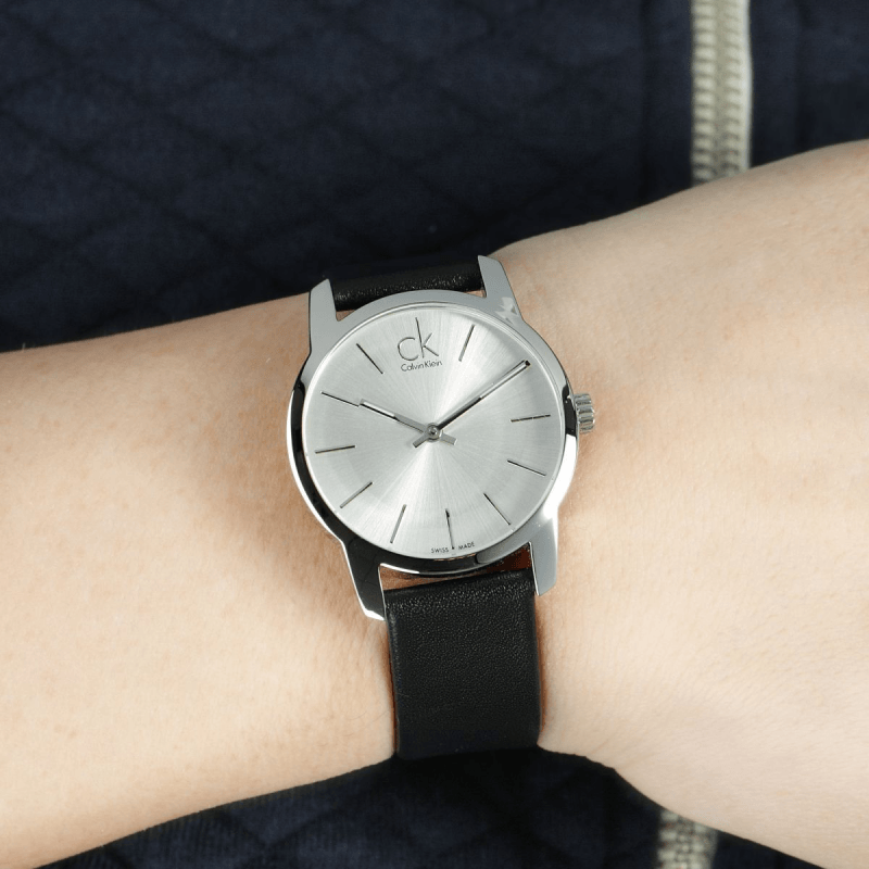  Shop Authentic Calvin Klein City Silver Dial Black Leather Strap Watch For Women - K2G231C6 - Luxxuri