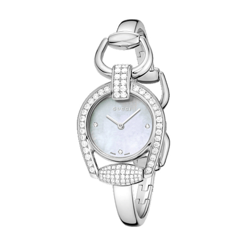  Shop Authentic Gucci Horsebit Collection Diamonds Mother of Pearl Dial Silver Steel Strap Watch For Women - YA139505 - Luxxuri